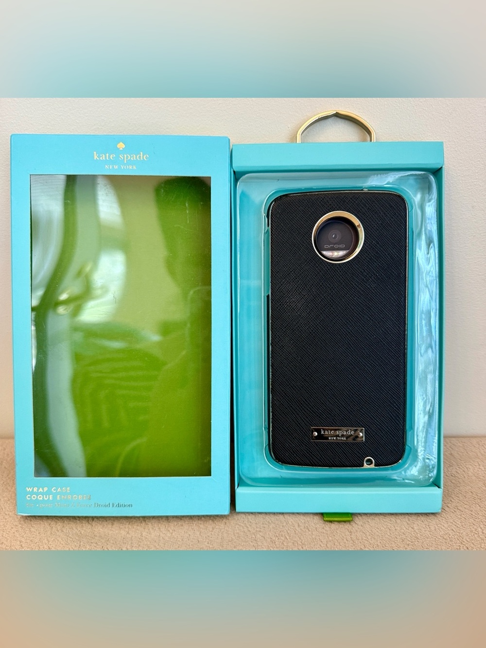 Kate Spade Moto Z Force Droid Black Saffiano Leather Gold Hard Shell Phone Case